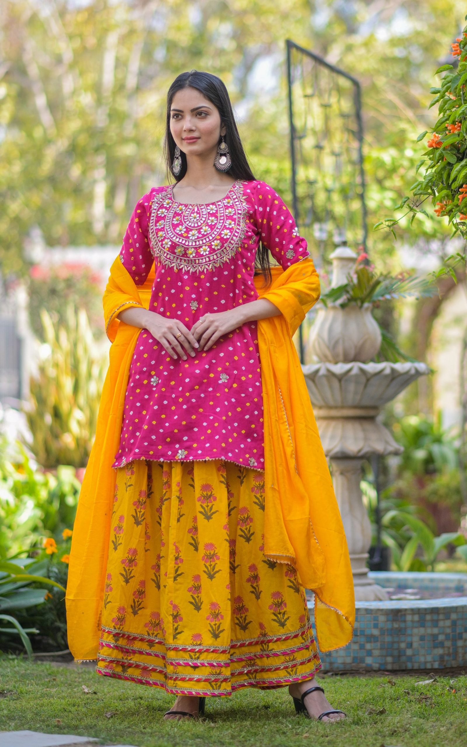 Pink and Yellow Bandhani Kurti Dress  Gleamberry